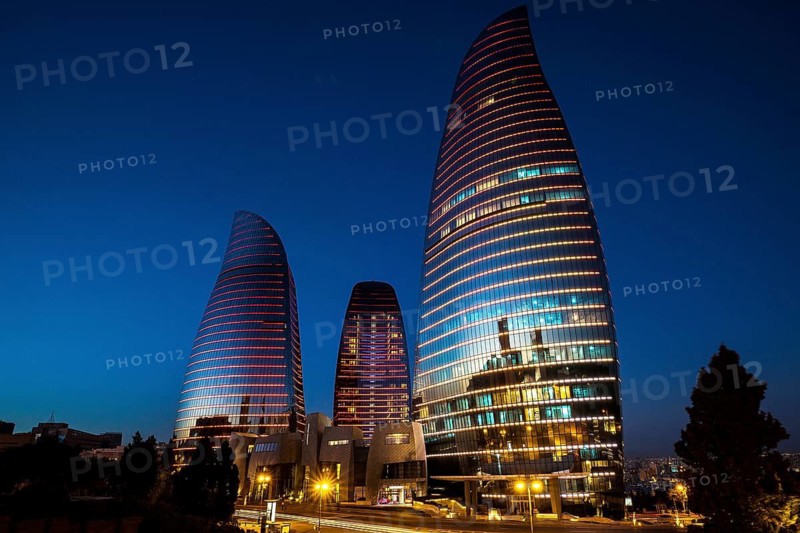 Azerbaijan, Baku, Flame Towers at night, Europe, Asia
