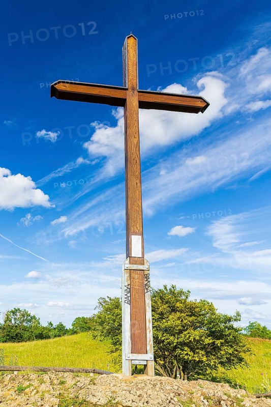 Summit cross in front of a blue sky, Rodenstein on the Ehrenbürg, Franconian Alb, Bavaria, Germany