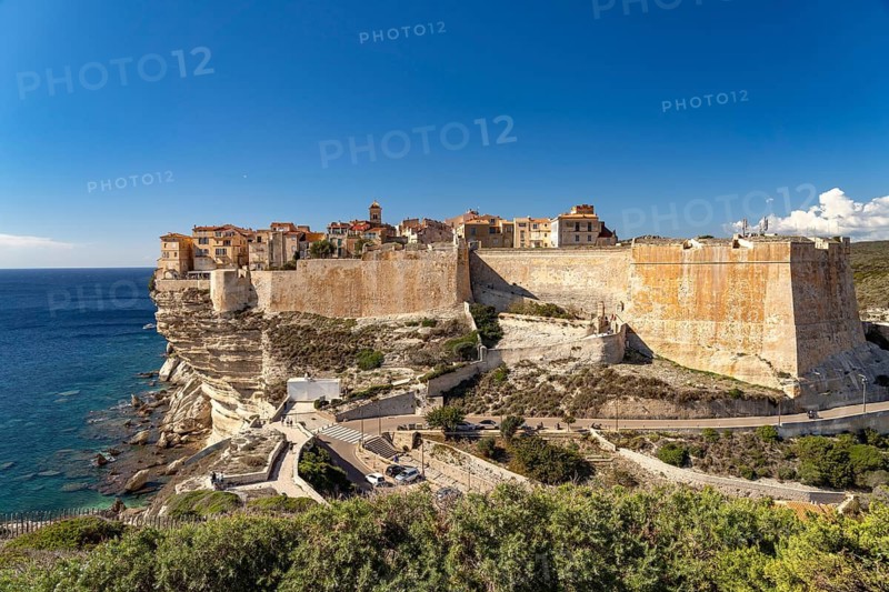 Old town and citadel of Bonifacio high above the sea on the cliffs, Bonifacio, Corsica, France