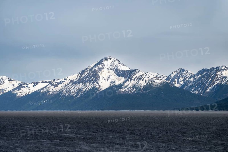 View over the Turnagain Arm estuary to the mountains of the Kenai Peninsula, Anchorage, Alaska, USA