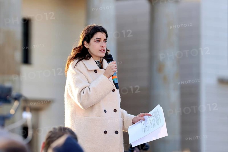 Marie Nasemann speaks at the demonstration Against Sexualized Digital Violence - Solidarity with All Victims on Pariser Platz in Berlin on 22.03.2026