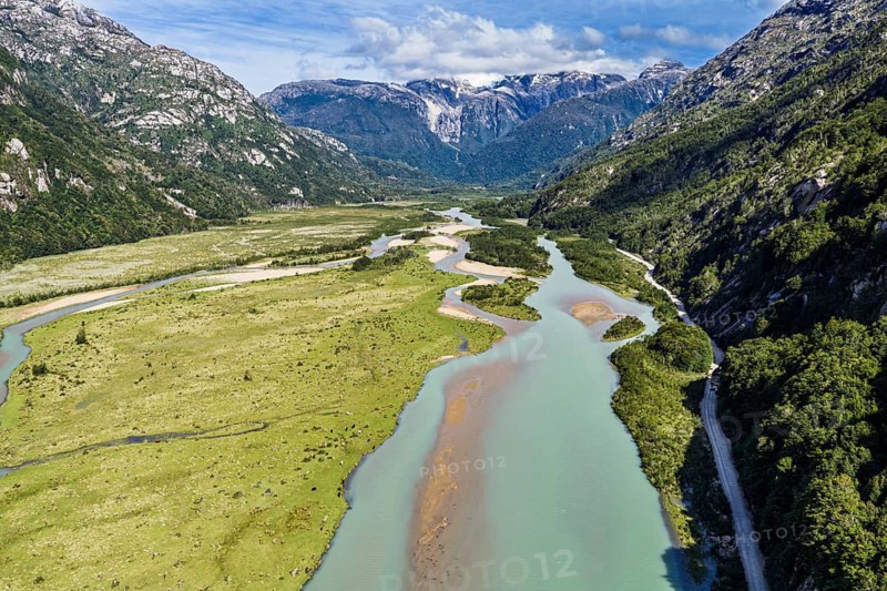 Gravel road along river Rio Norte, Valle Exploradores, aerial view, near Puerto Tranquilo, Patagonia, Chile exploradores, near Puerto Tranquilo, Patagonia, Chile