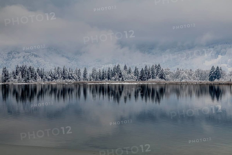 Snow, lake, trees, reflection, clouds, onset of winter, Kochel, Alpine foothills, Bavaria, Germany