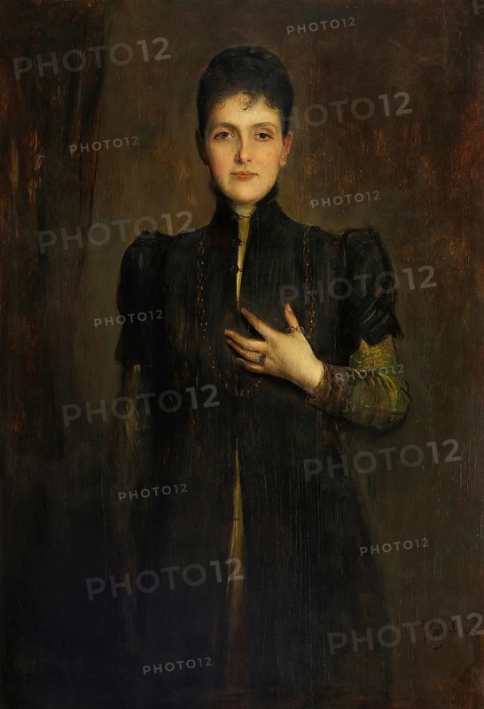Painting, Reproduction of the painting, Work of art, Historical, Franz Seraph Lenbach, since 1882 Knight of Lenbach (born 13 December 1836 in Schrobenhausen, died 6 May 1904 in Munich), German painter, Munich painter prince, here his work:, Marchesa di Montagliari (1889), Serious woman in Victorian dress with one hand on her breast in a dark room