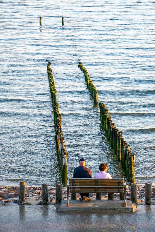 An elderly couple sitting on a bench on the beach, at high tide, breakwater, Netherlands