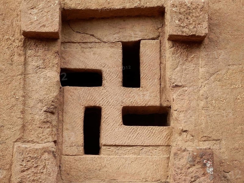A stone window pattern, swastika, UNESCO World Heritage Site, Lalibela rock church, Ethiopia