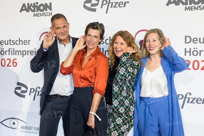 Klaus-Peter Grap, Julia Bremermann, Marion Kracht and Petra Zieser in front of the German Audio Film Awards ceremony at the Colosseum cinema in Berlin on 24.03.2026