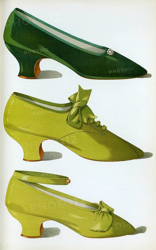 Shoe fashion in 1900, Women's shoes, Velvet shoe, shoe with silk embroidery in chain stitch and French knots, shoe of watered silk, Velvet shoe, shoe with silk embroidery in chain stitch and French knots, shoe of watered silk