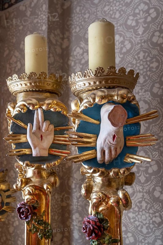 Processional staffs around 1750 for the procession, Häckerhaus built in 1793, today the Häckermuseum, Mittelstraße 34, Gärtnerstadt, Bamberg, Upper Franconia, Bavaria, Germany