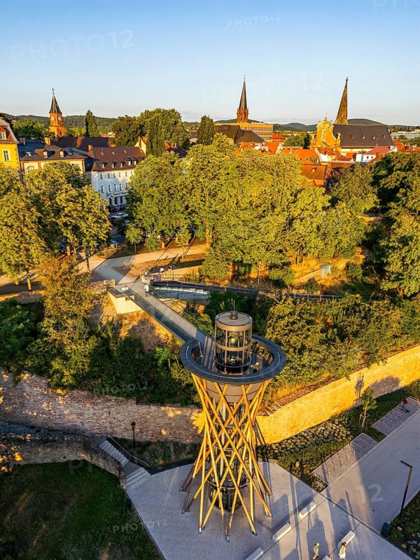 Aerial view, drone photo: elevator opened in 2025 from the banks of the Main to Johannisburg Castle and the old town, three church towers in the back, Aschaffenburg, Lower Franconia, Bavaria, Germany
