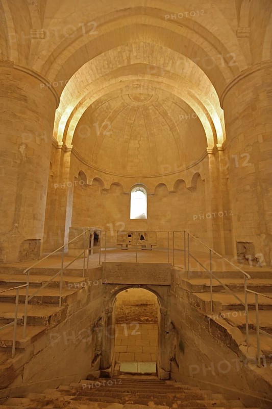 Interior view of the Romanesque church of St. Honorat, Alyscamps, necropolis and ancient Romanesque cemetery, Arles, Bouches-du-Rhône, Camargue, Provence, France