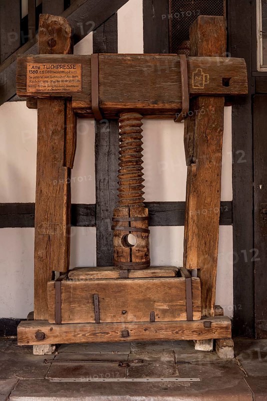 Cloth press made of wood with threaded screw by cloth maker, cloth maker Joh. Balth. Reubold, antique, market hall, old town hall, market square, historic old town, Michelstadt, Odenwald, Hesse, Germany