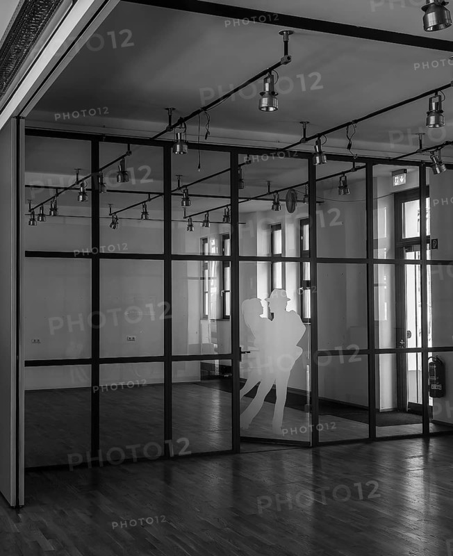 Black and white photograph, hall in a former dance school, Berlin, Germany