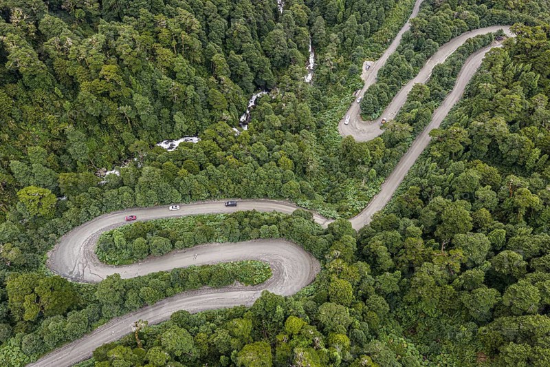 Road Carretera Austral south of Puyuhuapi, cold rain forest, aerial view, Aysen, Patagonia, Chile