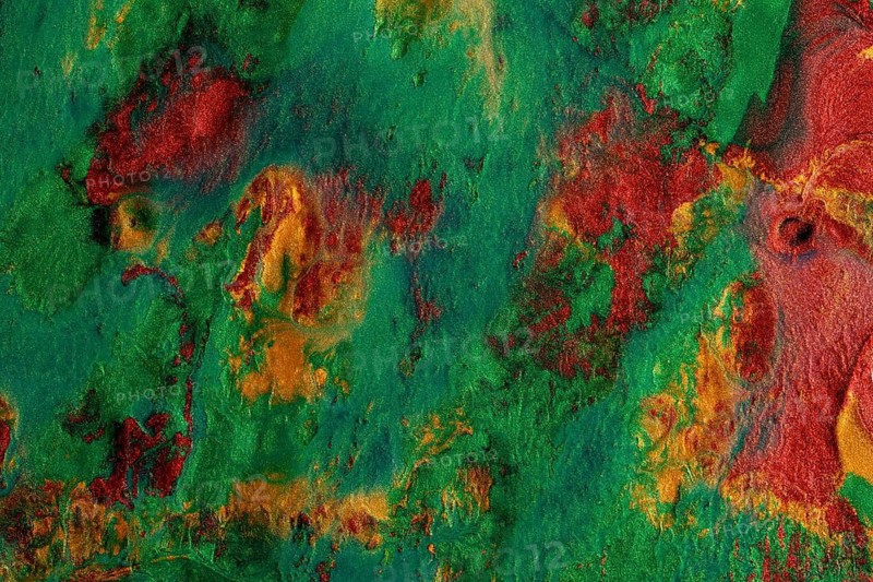 An abstract texture of metallic paints in vibrant green and red hues, ideal for artistic backgrounds and creative projects