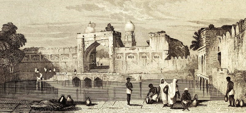 Taj Bowlee in Bijapur or Vijayapura, India, tomb, towers, domes, wall, people, architecture, building, steel engraving, historical illustration 1834