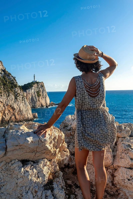 Portrait of a woman at the Lighthouse or Cape Ducato Lefkas in the southern part of the Greek island of Lefkada. Greece