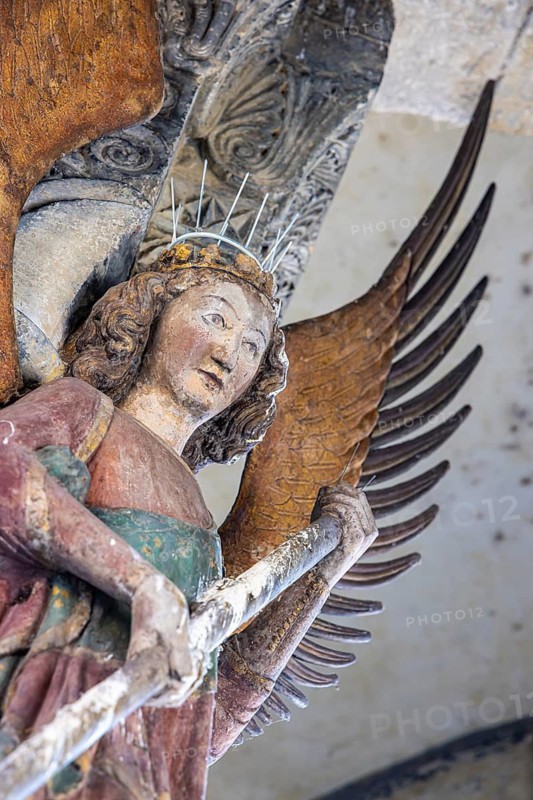 Archangel Michael at the entrance to the portal of the parish church of St. Michael. City view of Schwäbisch Hall, Baden-Württemberg, Germany