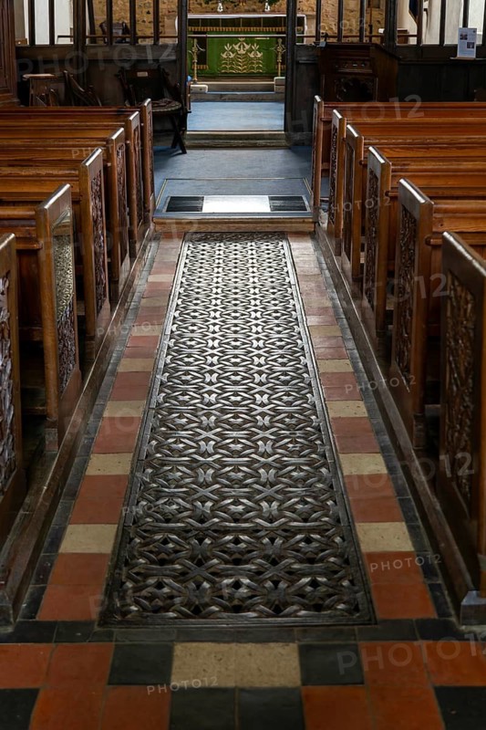 Detail of ironwork metal floor grating, church of Saint Mary the Virgin, Silchester, Hampshire, England, UK