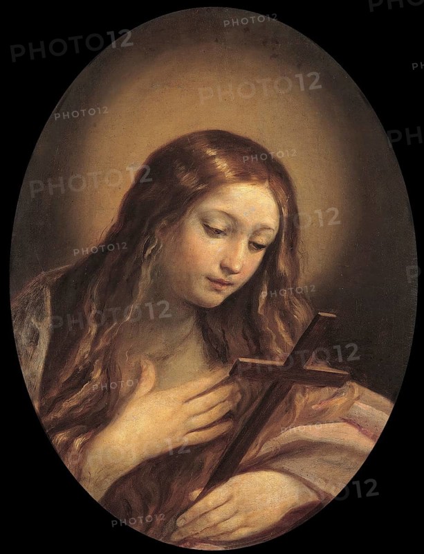 Painting, Reproduction of the painting, Work of art, Historical, Guido Reni, called il Guido or il divino Guido (b. 4 November 1575 in Bologna, d. 18. August 1642) Italian painter, fresco artist and etcher of the Bolognese school, main representative of a baroque classicism in painting, here the work:, Penitent Magdalene (1635, 1640), The Penitent Magdalene (1635, Young woman in devotion with a cross, long hair falling over her shoulder