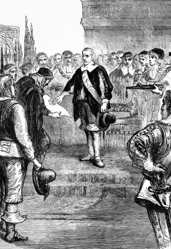Oliver Cromwell, Captain-General of the Forces of England, Scotland and Ireland, took the oath in 1653 to become Lord Protector of the Commonwealth of England, Scotland and Ireland and of the Dominions, digital reproduction of a historical model