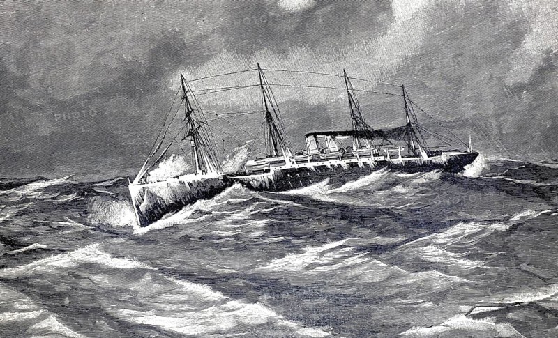 Fast steamer on a winter trip in the Atlantic Ocean, 1870, illustration, reproduction from a 19th century model. Authentic, file restored for optimal use, exact date of submission unknown, historical