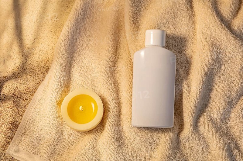 A serene spa setting featuring a bottle of lotion and a lit yellow candle, beautifully placed on a soft beige towel. Ideal for relaxation and self care themes