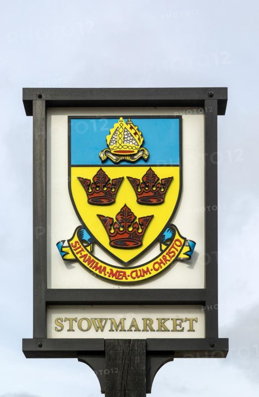 Close up of town sign, Stowmarket, Suffolk, England, UK