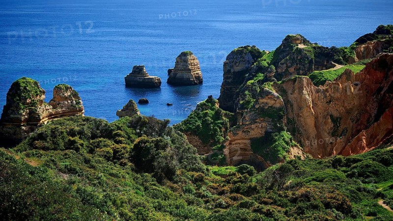 Impressive rock formations in the blue sea and lush green vegetation, Praia do Camilo, Lagos, Algarve, Portugal