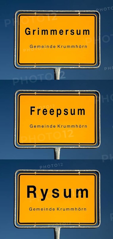 Place name signs for Grimmersum, Freepsum and Rysum, villages in the municipality of Krummhörn, where the um means home in North Germany, district of Aurich, East Frisia, Lower Saxony, Germany