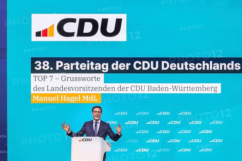 38th Federal Party Conference of the CDU Germany in Stuttgart. Manuel Hagel during his welcome address to the delegates. Manuel Hagel (MdL, state chairman of the CDU BW, parliamentary group leader in the state parliament of BW, top candidate for the state election in BW 2026. Stuttgart, Baden-Württemberg, Germany