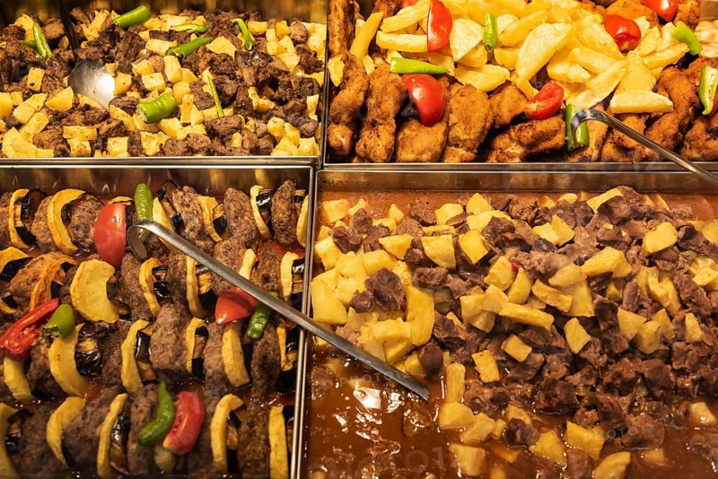 Istanbul, Turkey. August 3rd 2021 Trays of Mixed Traditional Turkish Food inside a Typical Turkish Lokanta, Istanbul, Turkey