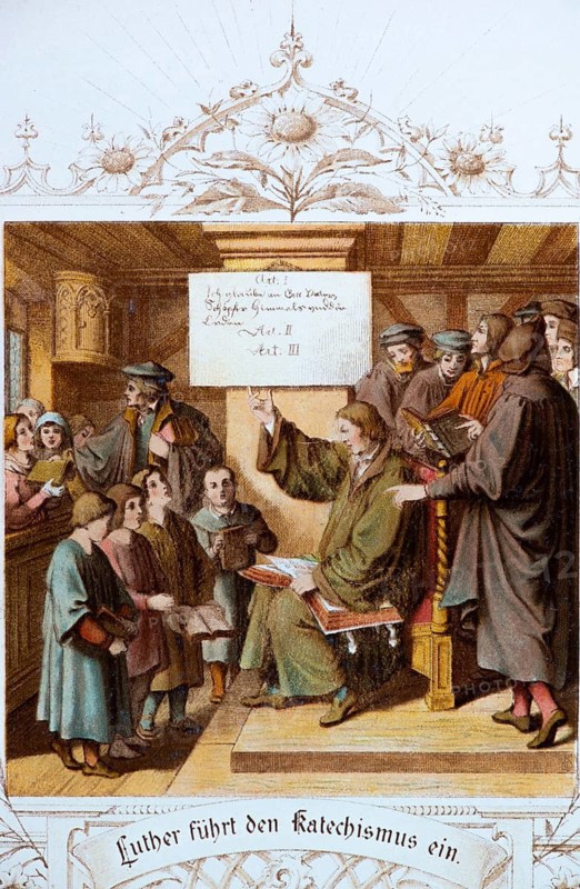 Luther introduces the catechism, interior of the church, Luther sits in front of children and adults, Bible on his knees, inscription and ornamentation, stations from Dr Martin Luther's life, coloured illustration ca. 1890