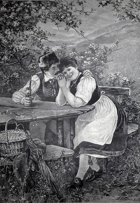 A young couple sits confidently at an outdoor table under a blooming blackthorn, with the young man appearing to whisper something to the woman, 1896, illustration, reproduction from a 19th-century model. Authentic, file restored for optimal use, exact date of submission unknown, Historic, a couple in love sits on an outdoor bench with a smile, surrounded by blooming nature and radiating harmony