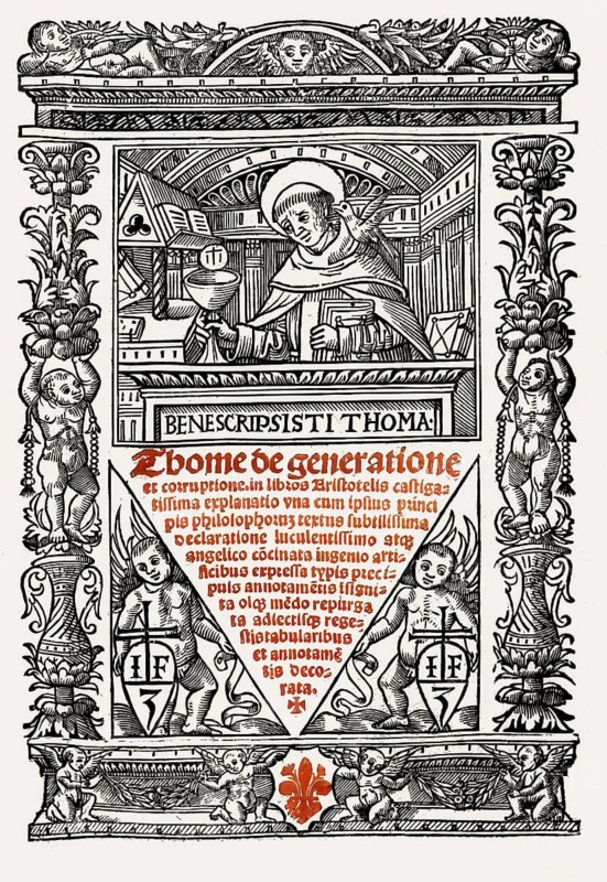Frontispiece to his book Super libros de generatione et corruptione, Thomas Aquinas, Thomas von Aquin, Tommaso d'Aquino, c.?1225 – 1274, Italian Dominican friar and priest, philosopher, theologian, and a jurist in the tradition of scholasticism, digitally edited