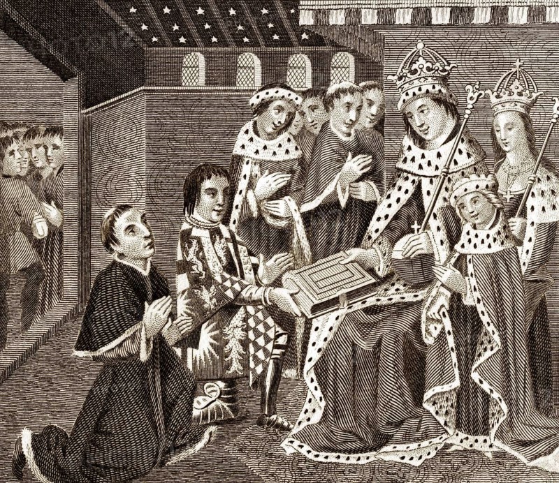 Anthony Woodville and William Caxton presenting the first printed book in English to Edward IV, 15th century