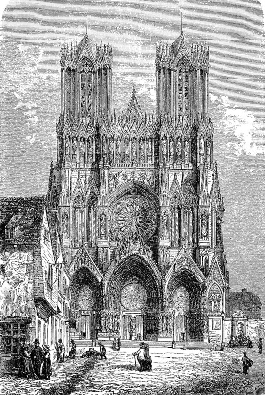 Facade of the cathedral of Reims, France, in 1880, Historical, digital reproduction of an original from the 19th century