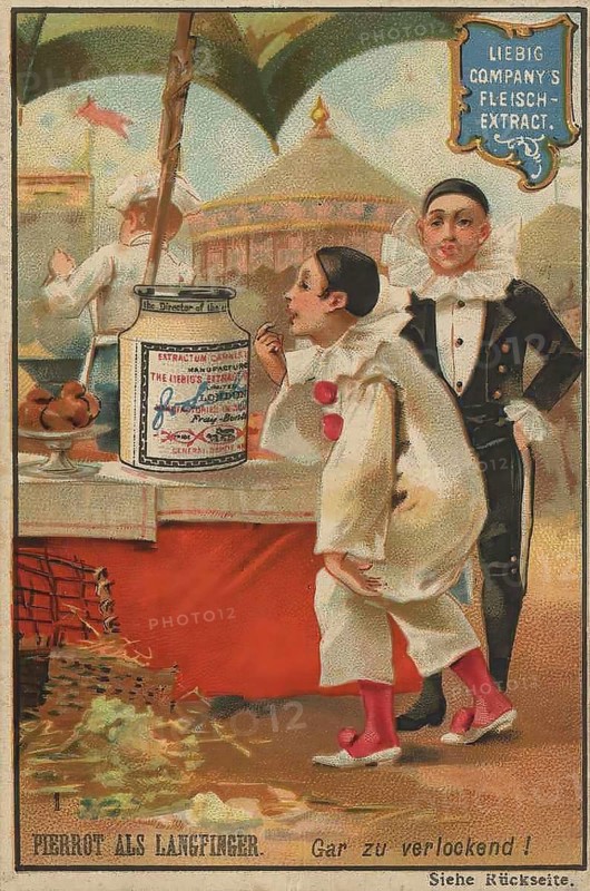 Series Tales of Pierrot, as a thief, thief too tempting, Liebig picture, digitally restored reproduction of a collector's picture from around 1900, public domain, exact date unknown, Pierrot curiously examining a large pot while a friend warns him