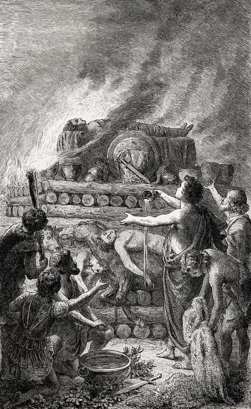 Patroclus cremated on a funeral pyre, Greek mythology