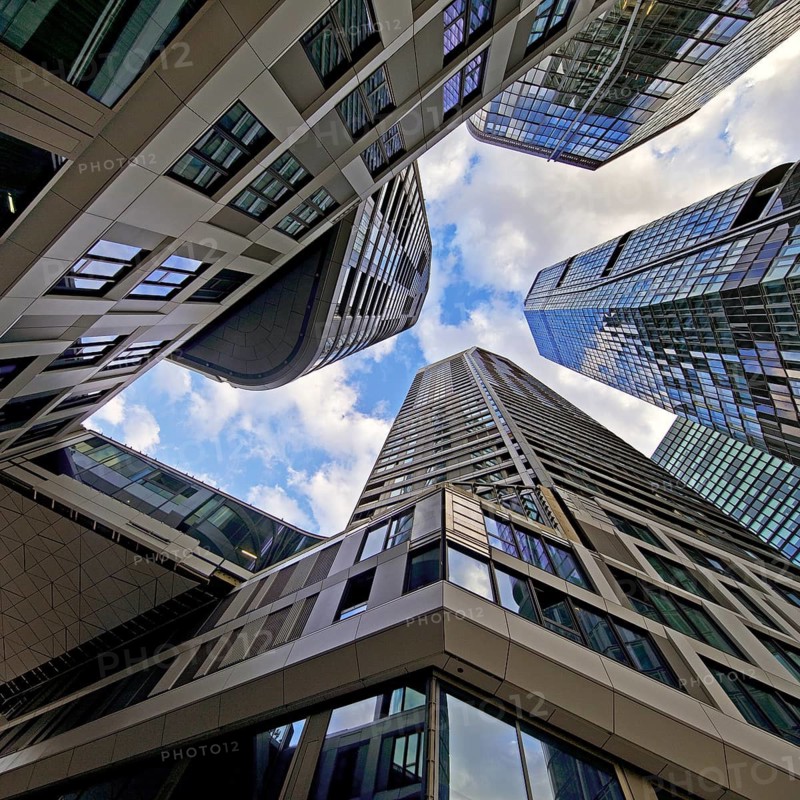 Frog's-eye view of the skyscrapers in the banking district, Four Frankfurt, Frankfurt am Main, Hesse, Germany