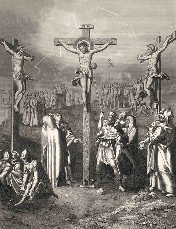 Crucifixion of Jesus, Mount Calvary, Jerusalem, New Testament, steel engraving 1853, digitally restored