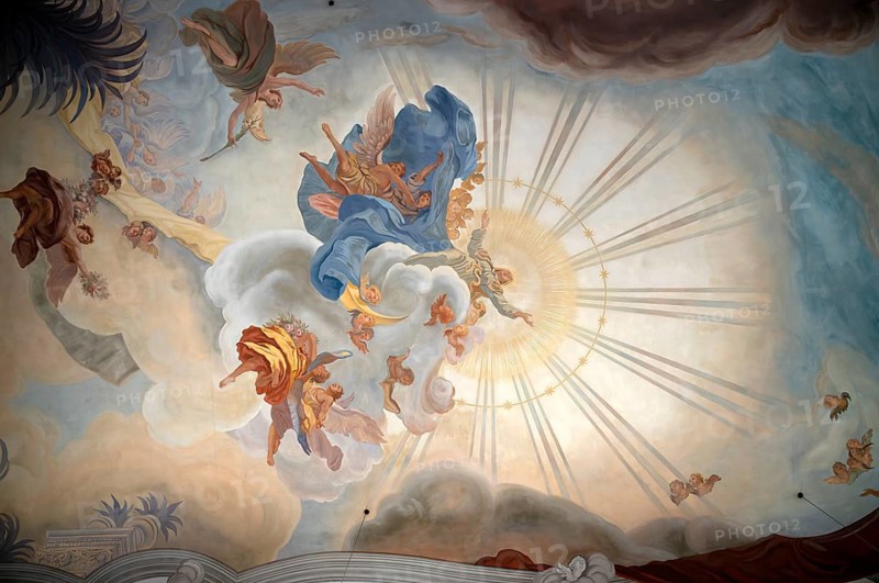 Interior photo, ceiling painting of the nave depicting Mary in the sky, nave, Cathedral of Our Lady, also collegiate church, Lindau, Bavaria, Lake Constance, Germany