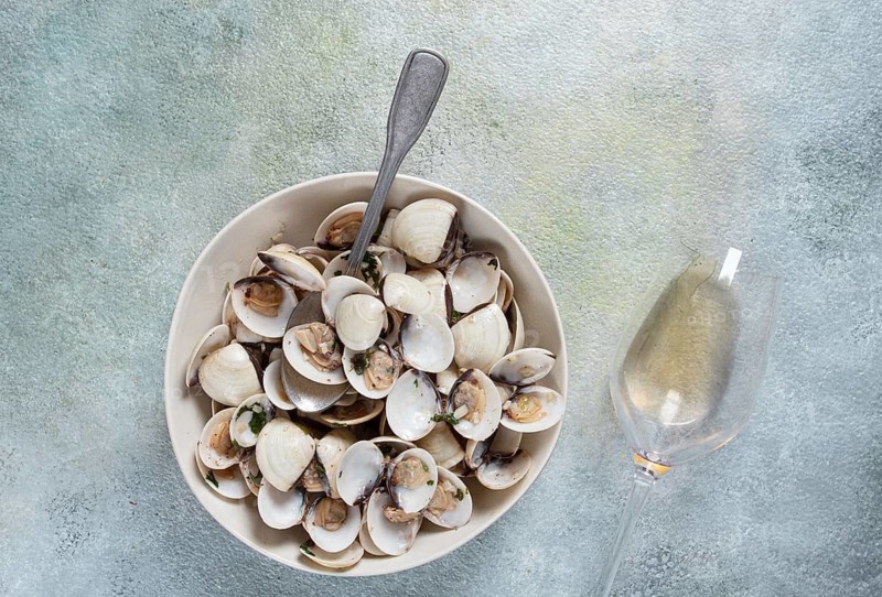 Vongole clams, with spices and white wine, top view, no people