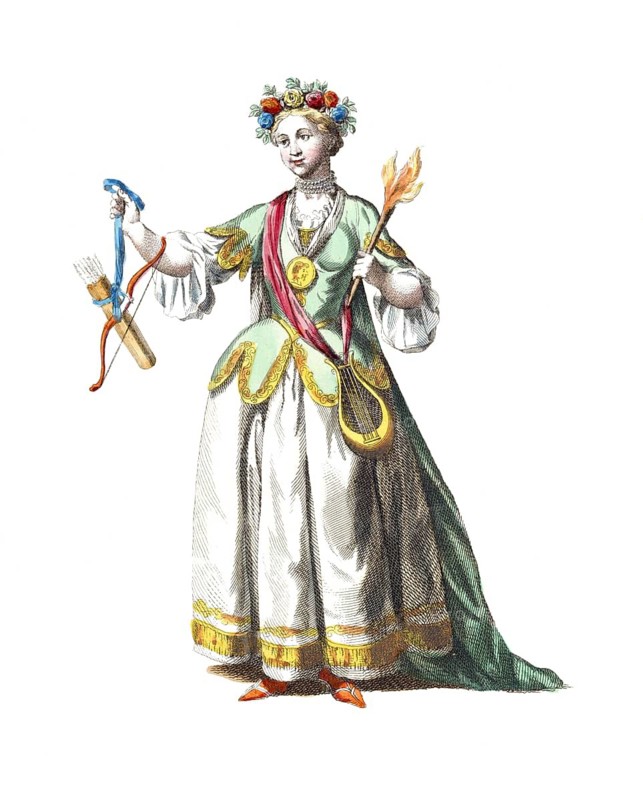 Historical clothing, fashion over time, woman symbolising Erato, daughter of Zeus and Mnemosyne, one of the nine muses in Greek mythology, 18th century, digitally restored reproduction of an 18th/19th century model, exact date unknown, historical depiction of a woman in a green robe with a wreath of flowers, candle and rope