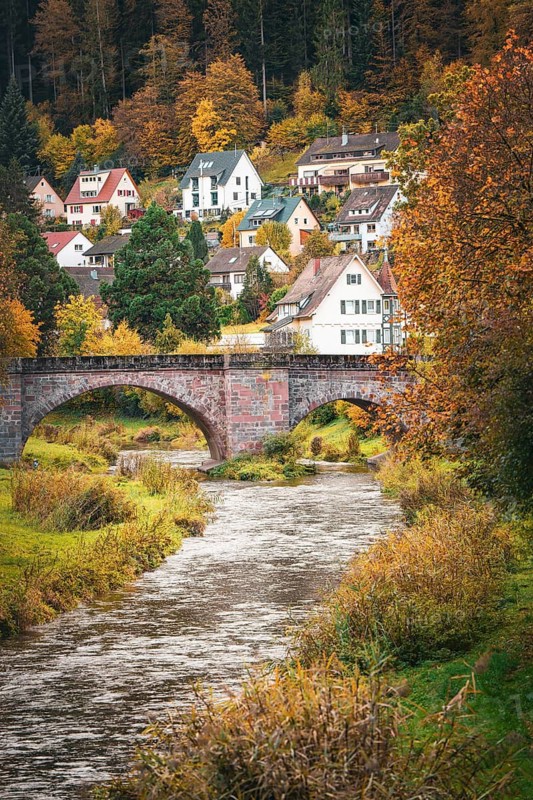 Historic bridge over the Nagold in autumn, Hirsau, Calw, Black Forest, Germany