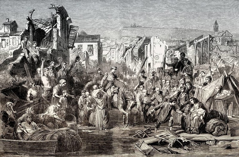 Louis Napoleon III, French Emperor, helping the flood victims in the streets of Lyon, France, 1856