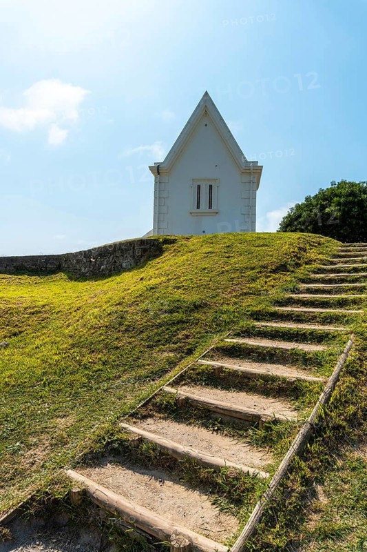 White house in the natural park of Saint Jean de Luz called Parc de Sainte Barbe, Col de la Grun in the French Basque country. France