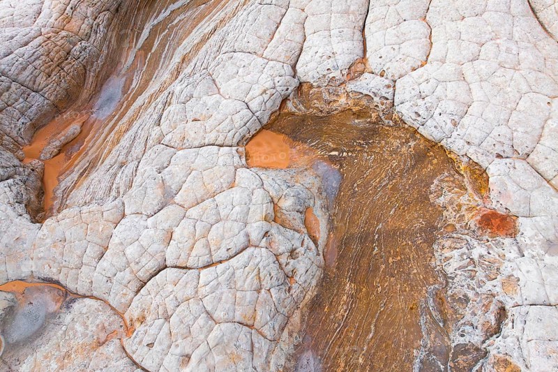 A captivating overhead view of abstract white rocks featuring intricate textures and patterns with contrasting orange water pools nestled between the crevices