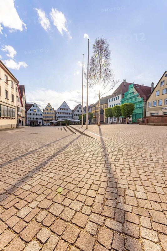 A wide, sunny square with a tree and surrounding houses makes for a peaceful impression, Weil der Stadt, Landkreis Böblingen, Germany