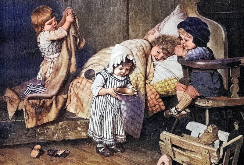 Children playing sick and doctor, coloured wood engraving, reproduction of a model from ca 1888, historical, children in the bedroom playing and sleeping, cosy domestic scene
